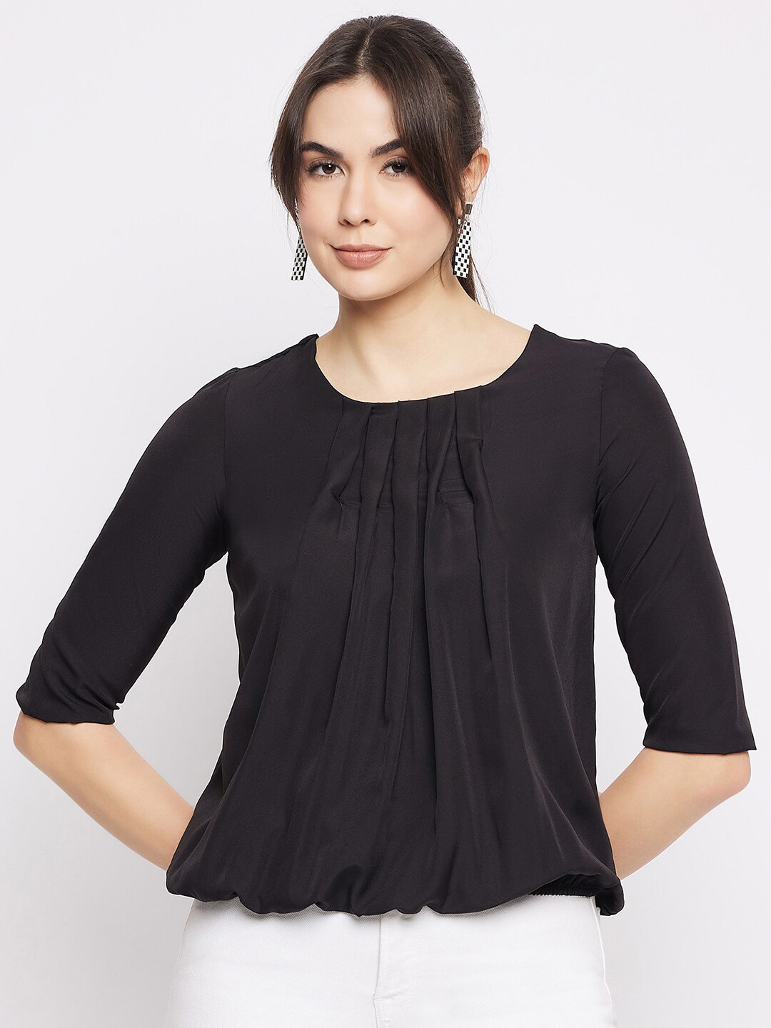 

Mayra Round Neck Pleated Puff Sleeves Blouson Top, Black