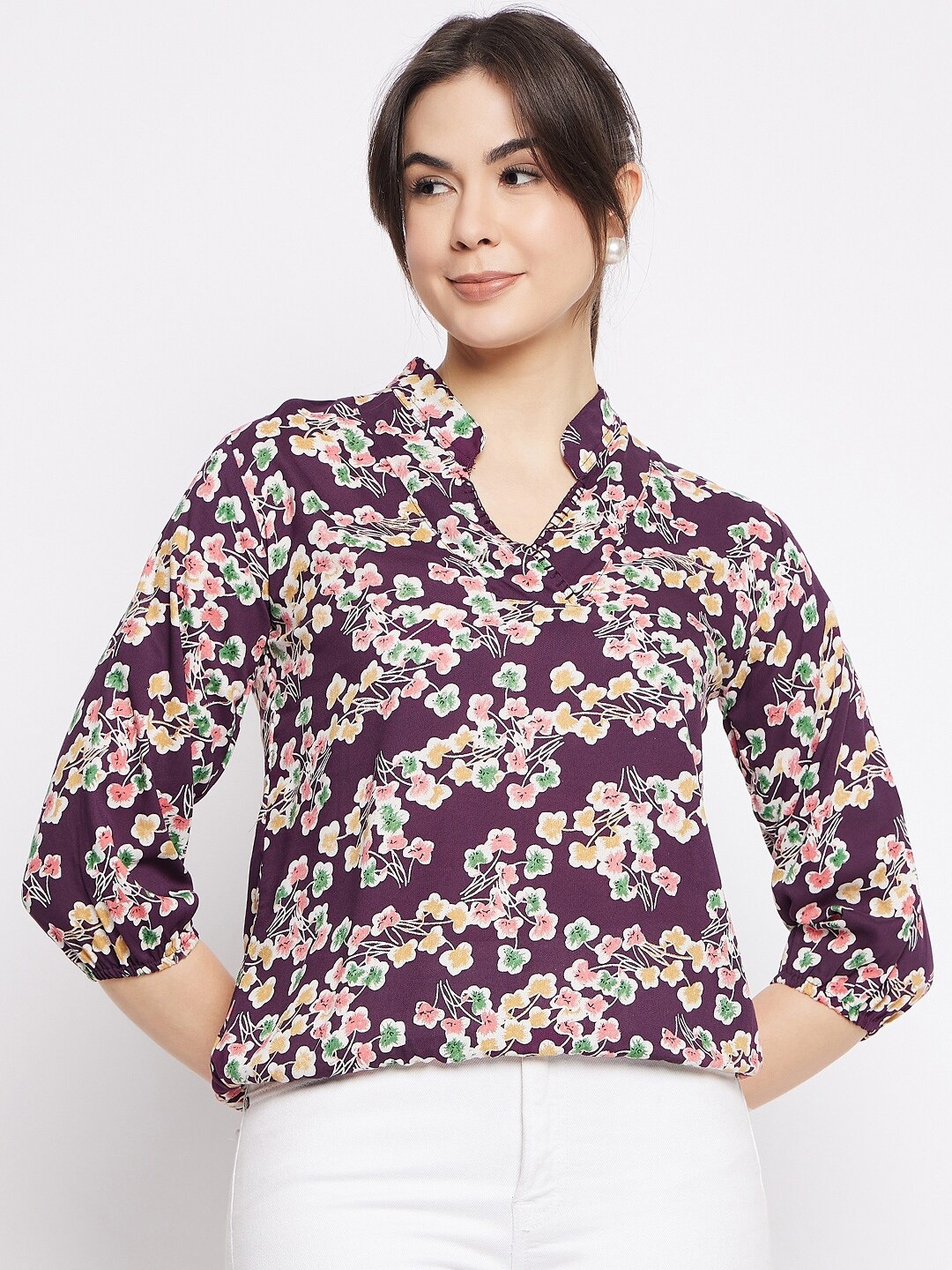 

Mayra Floral Printed Mandarin Collar Shirt Style Top, Maroon