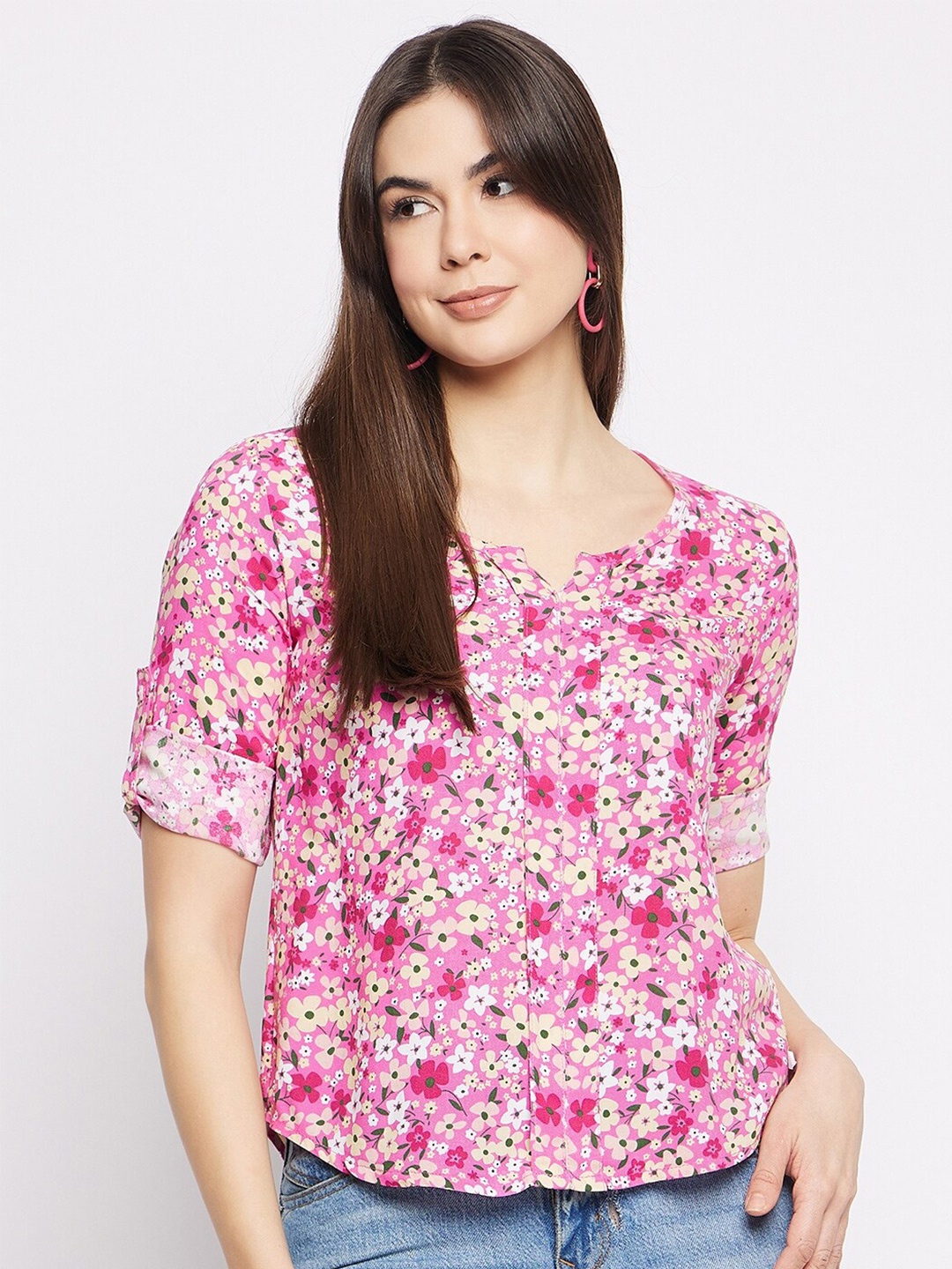 

Mayra Floral Print Roll-Up Sleeves Top, Fuchsia