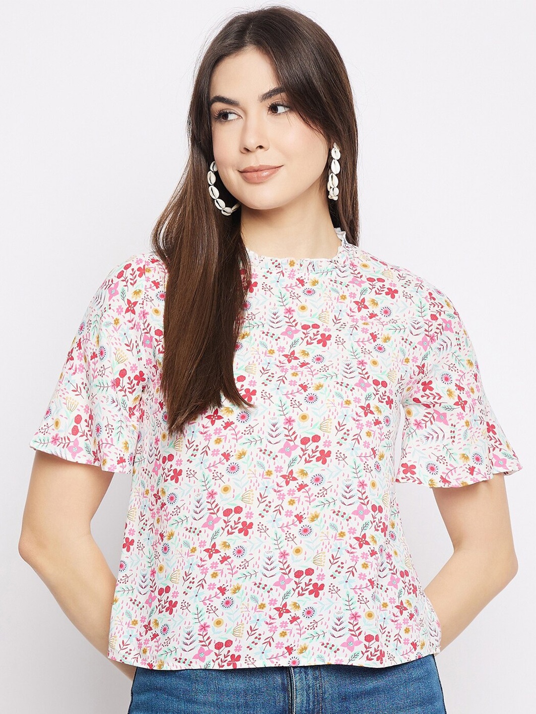 

Mayra Floral Print Bell Sleeve Top, White