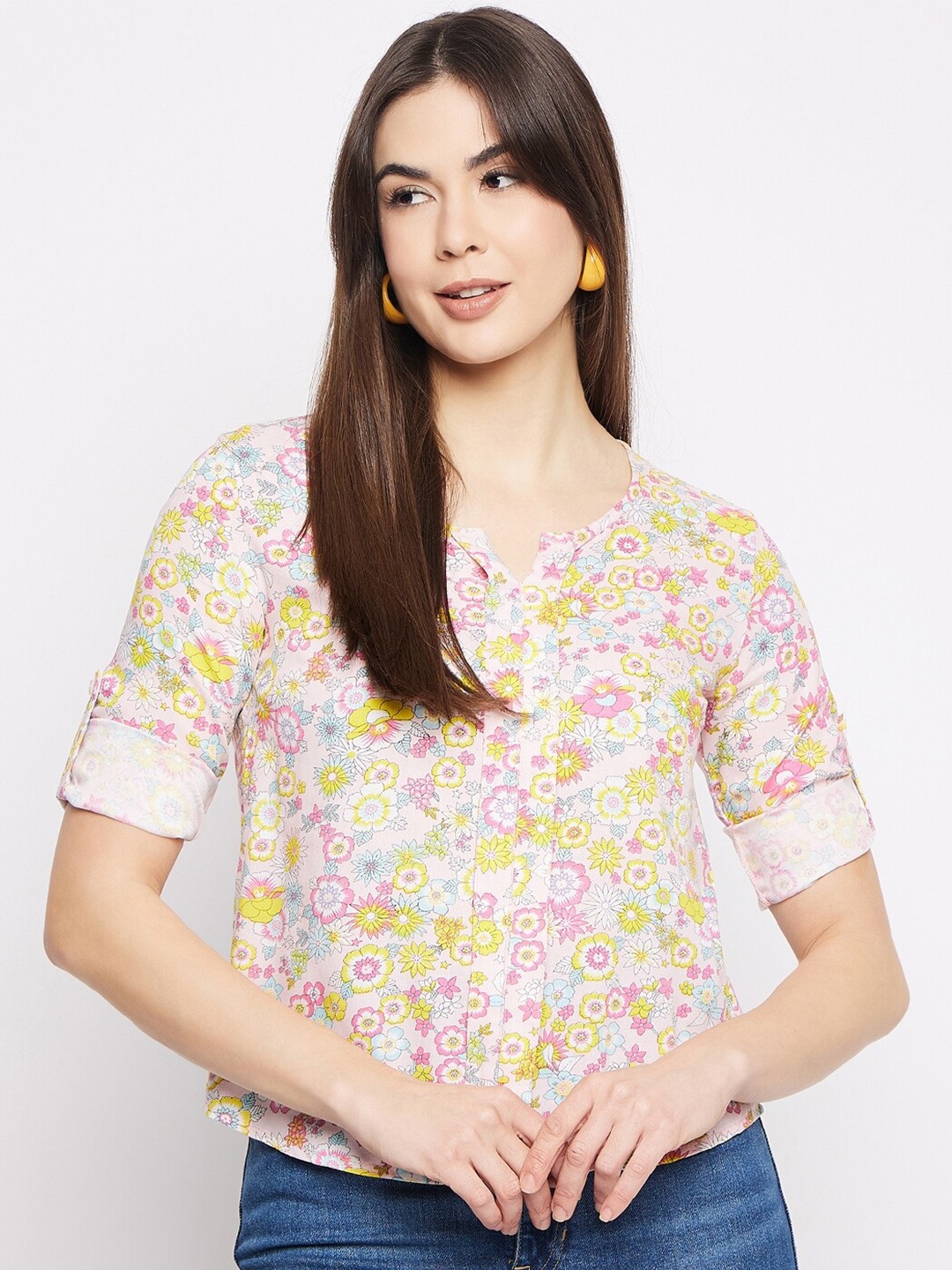 

Mayra Floral Printed Roll-Up Sleeves Top, Pink