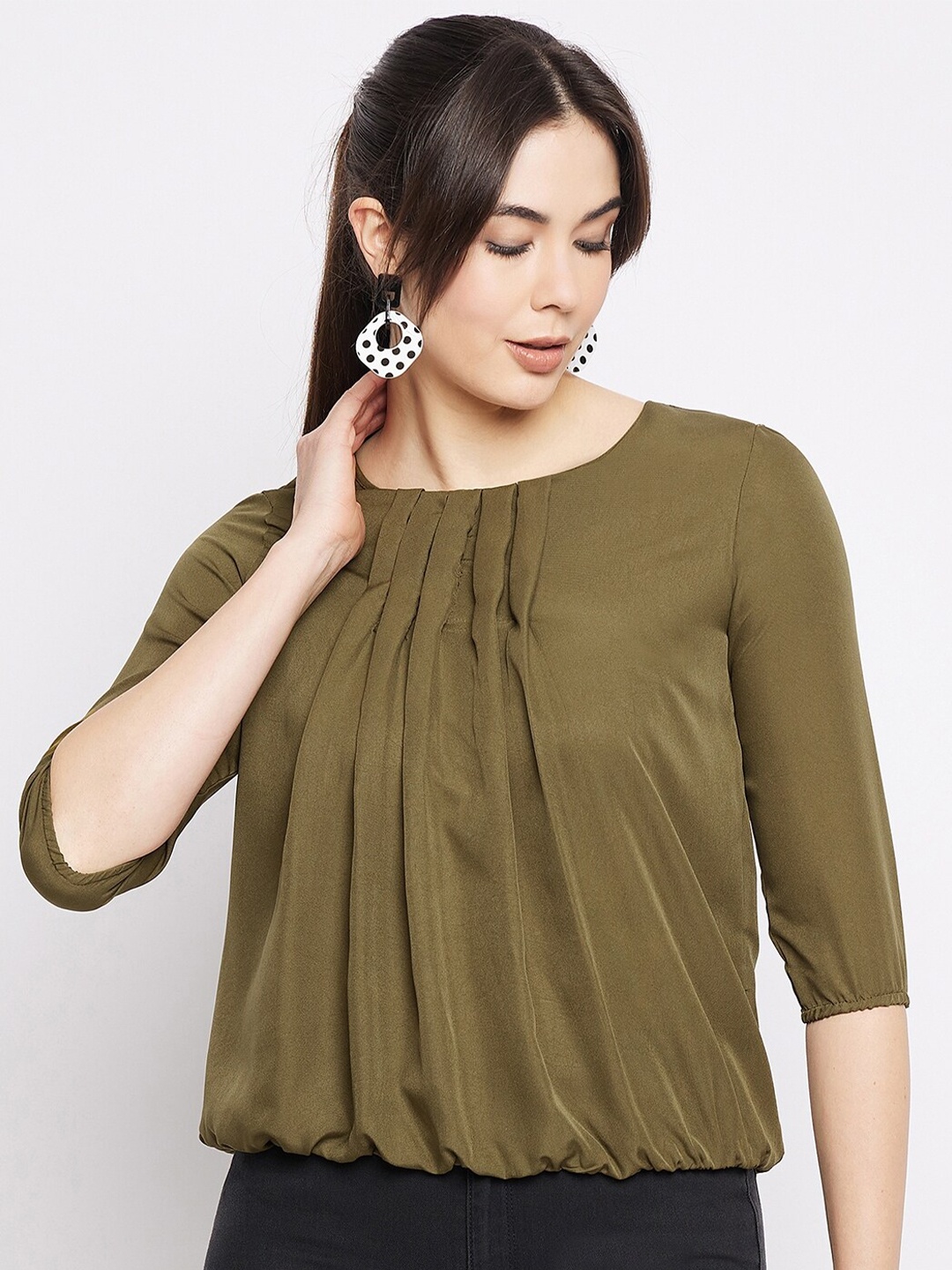 

Mayra Round Neck Pleated Puff Sleeves Blouson Top, Olive