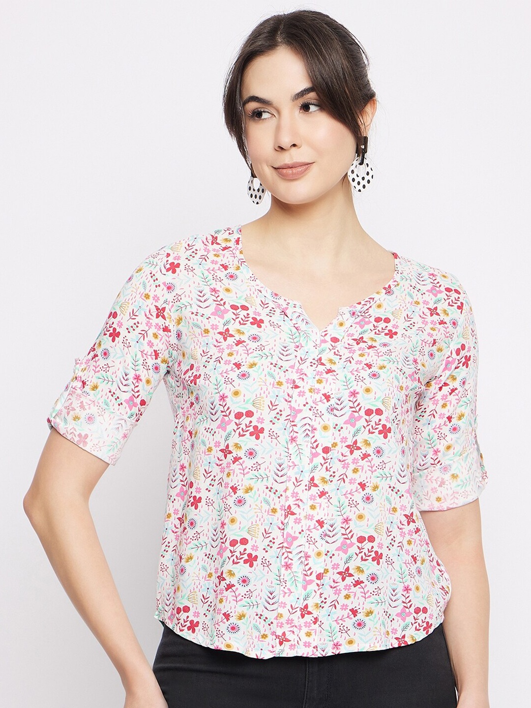 

Mayra Floral Print Mandarin Collar Roll-Up Sleeves Top, White