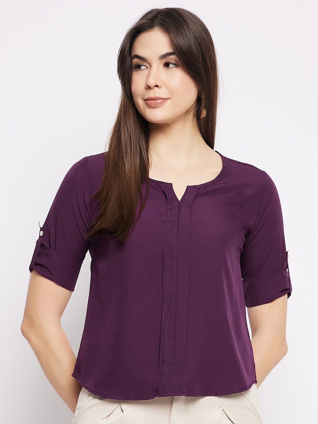 

Mayra Notch Neck Roll-Up Sleeves Top, Purple