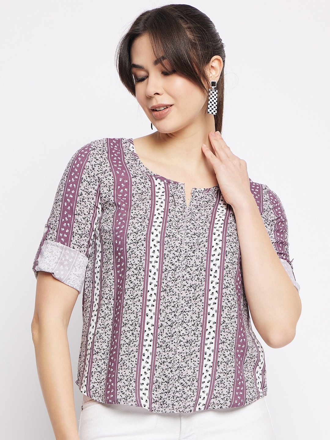 

Mayra Ethnic Motifs Printed Roll-Up Sleeves Top, Purple