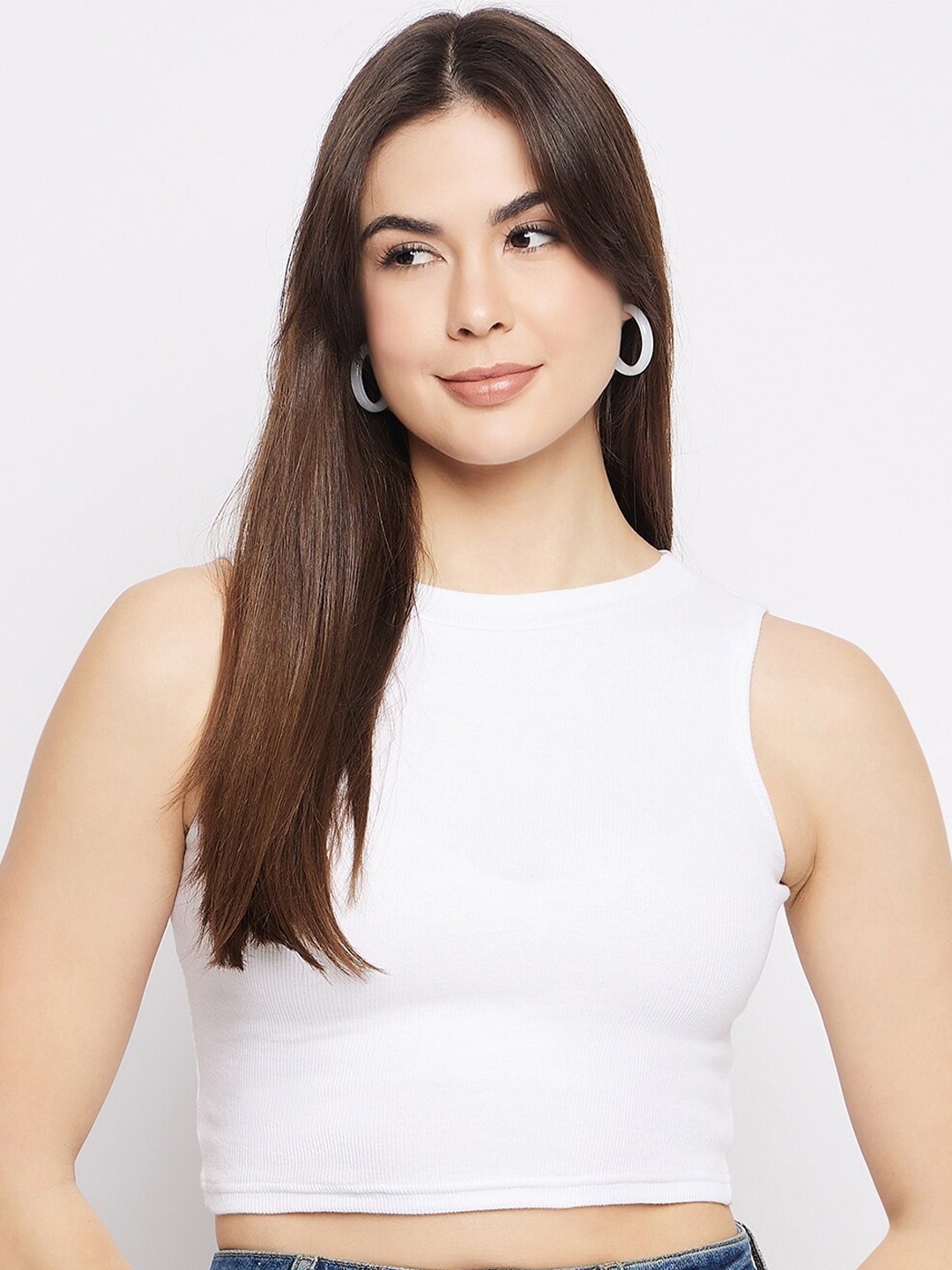

Mayra Round Neck Sleeveless Crop Top, White