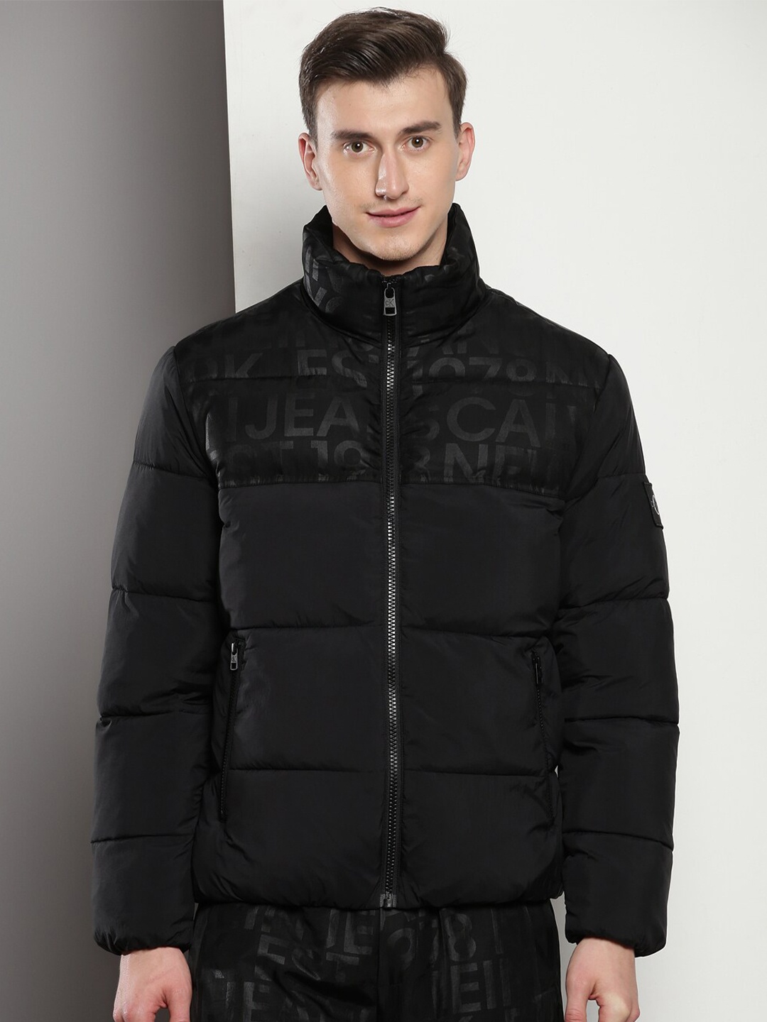 

Calvin Klein Printed Mock Collar Puffer Jacket, Black