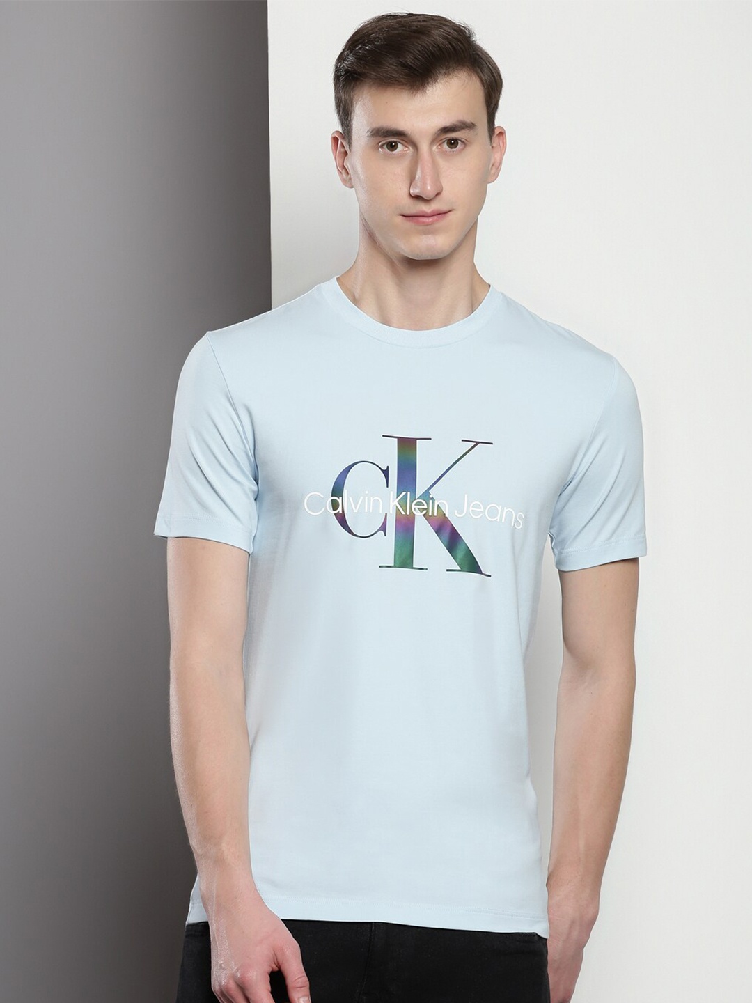 

Calvin Klein Jeans Typography Printed Applique Slim Fit Cotton T-shirt, Blue