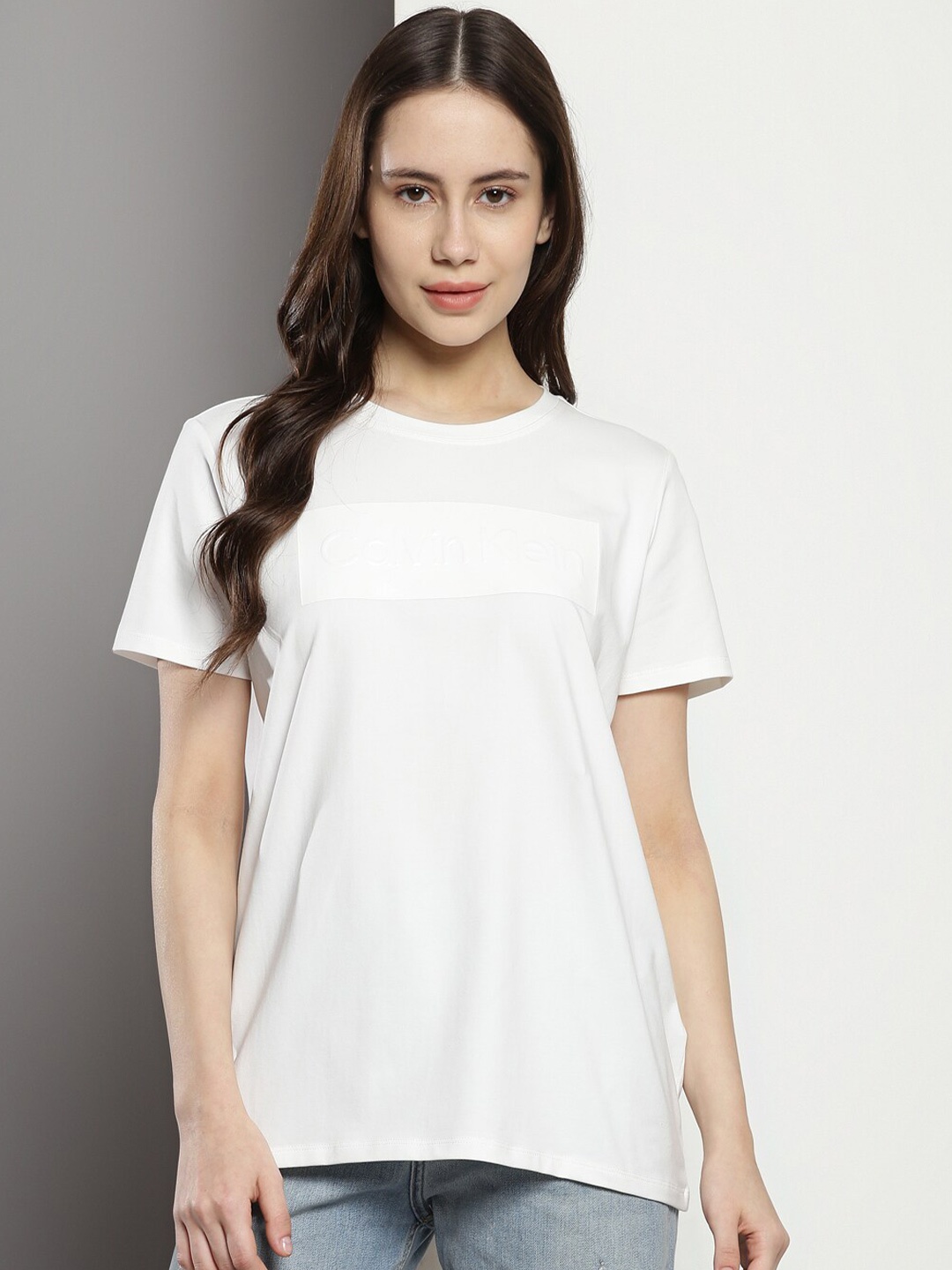 

Calvin Klein Women White Cotton Printed T-shirt