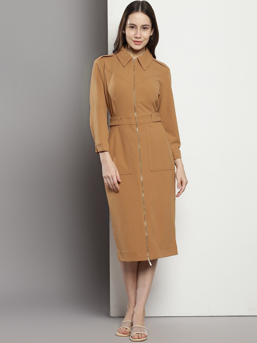 

Calvin Klein Shirt Collar Midi Dress, Brown