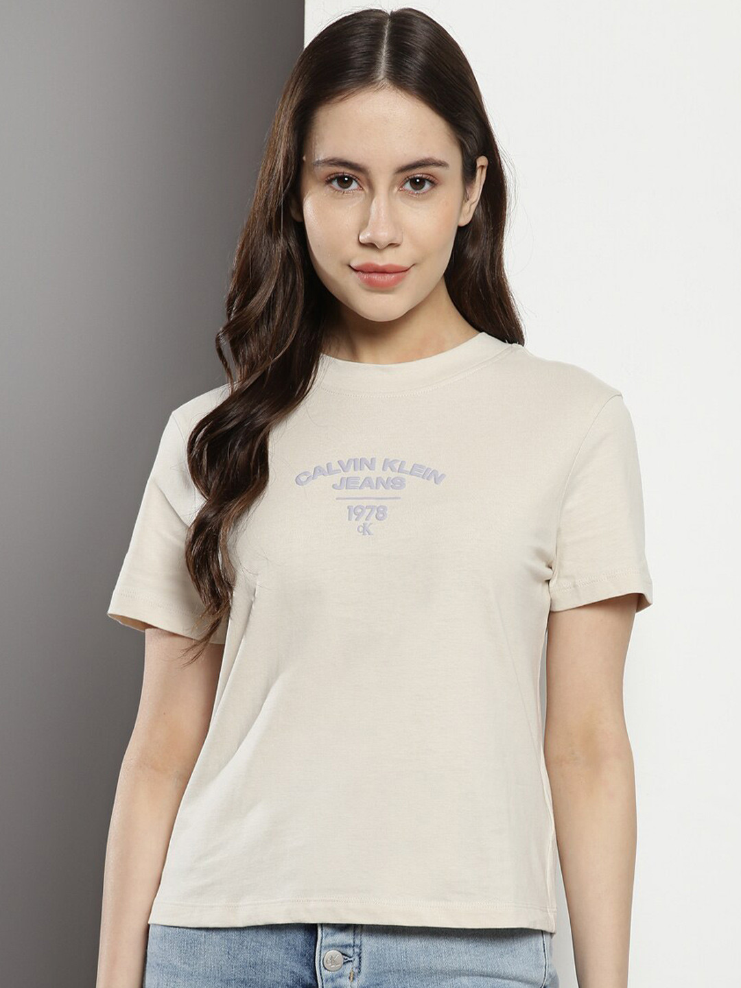 

Calvin Klein Typography Printed Cotton T-shirt, Beige
