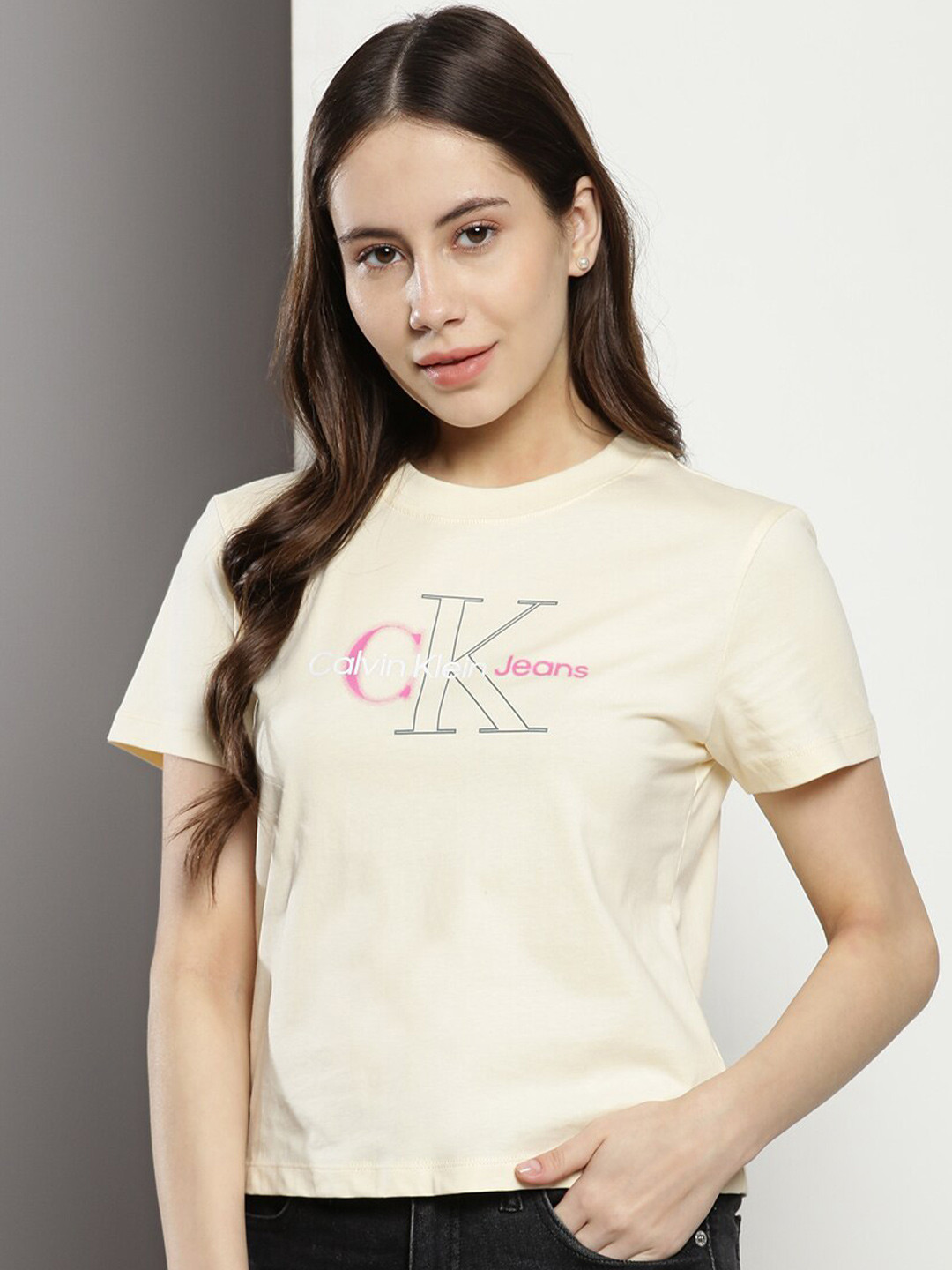 

Calvin Klein Typography Printed Cotton T-shirt, Cream