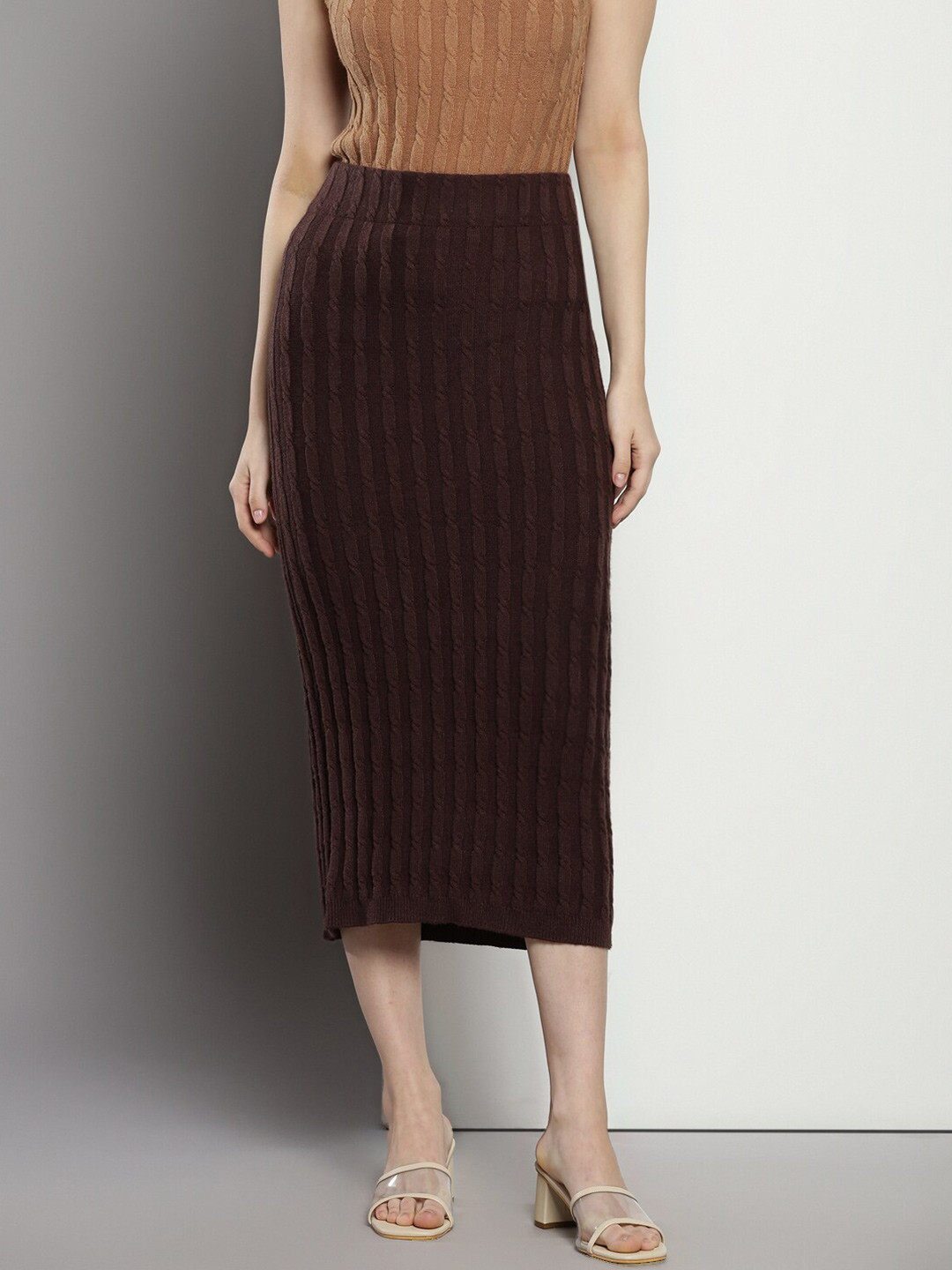 

Calvin Klein Cable Knit Straight Midi Skirt, Brown