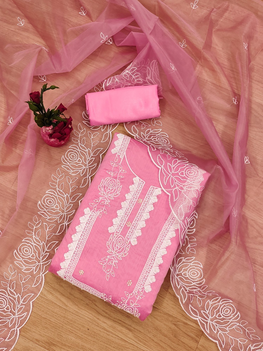 

KALINI Floral Embroidered Beads and Stones Detailed Unstitched Dress Material, Pink