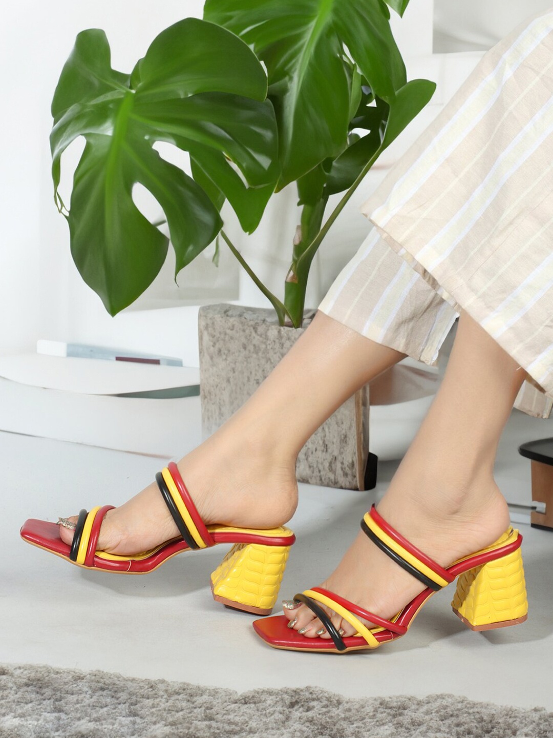 

ELLE Colourblocked Open Toe Block Heels, Red