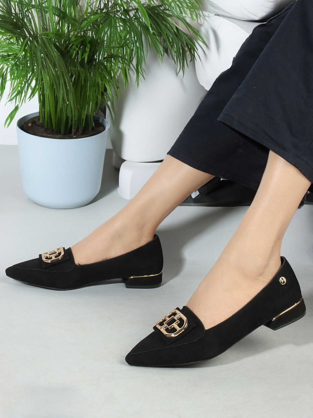 

ELLE Embellished Pointed Toe Block Heeled Pumps, Black