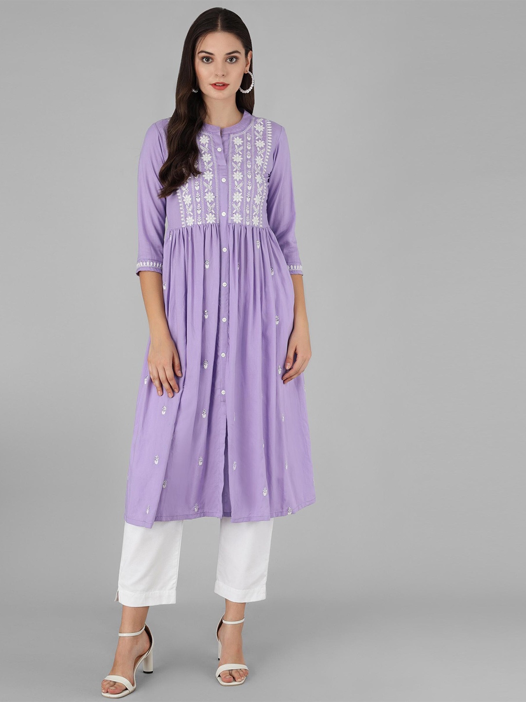 

choiceit Mandarin Collar Embroidered Pure Cotton A-Line Kurta, Lavender