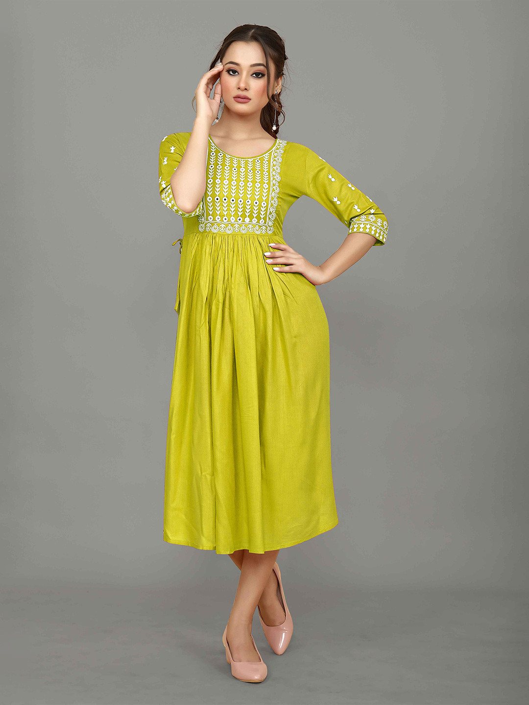 

choiceit Ethnic Motifs Embroidered Round neck Fit & Flare Midi Dress, Gold