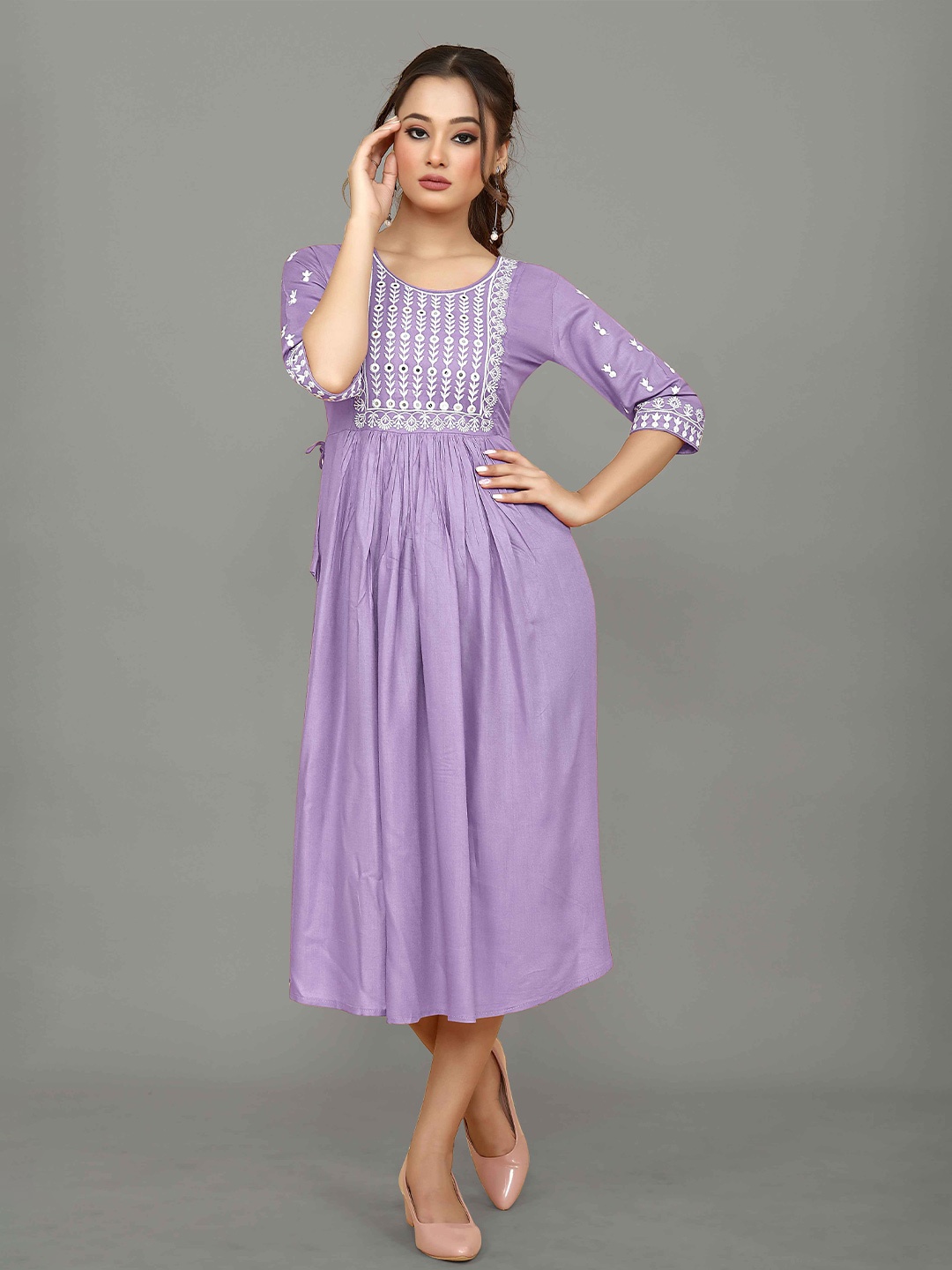 

choiceit Ethnic Motifs Embroidered Round neck Fit & Flare Midi Dress, Lavender