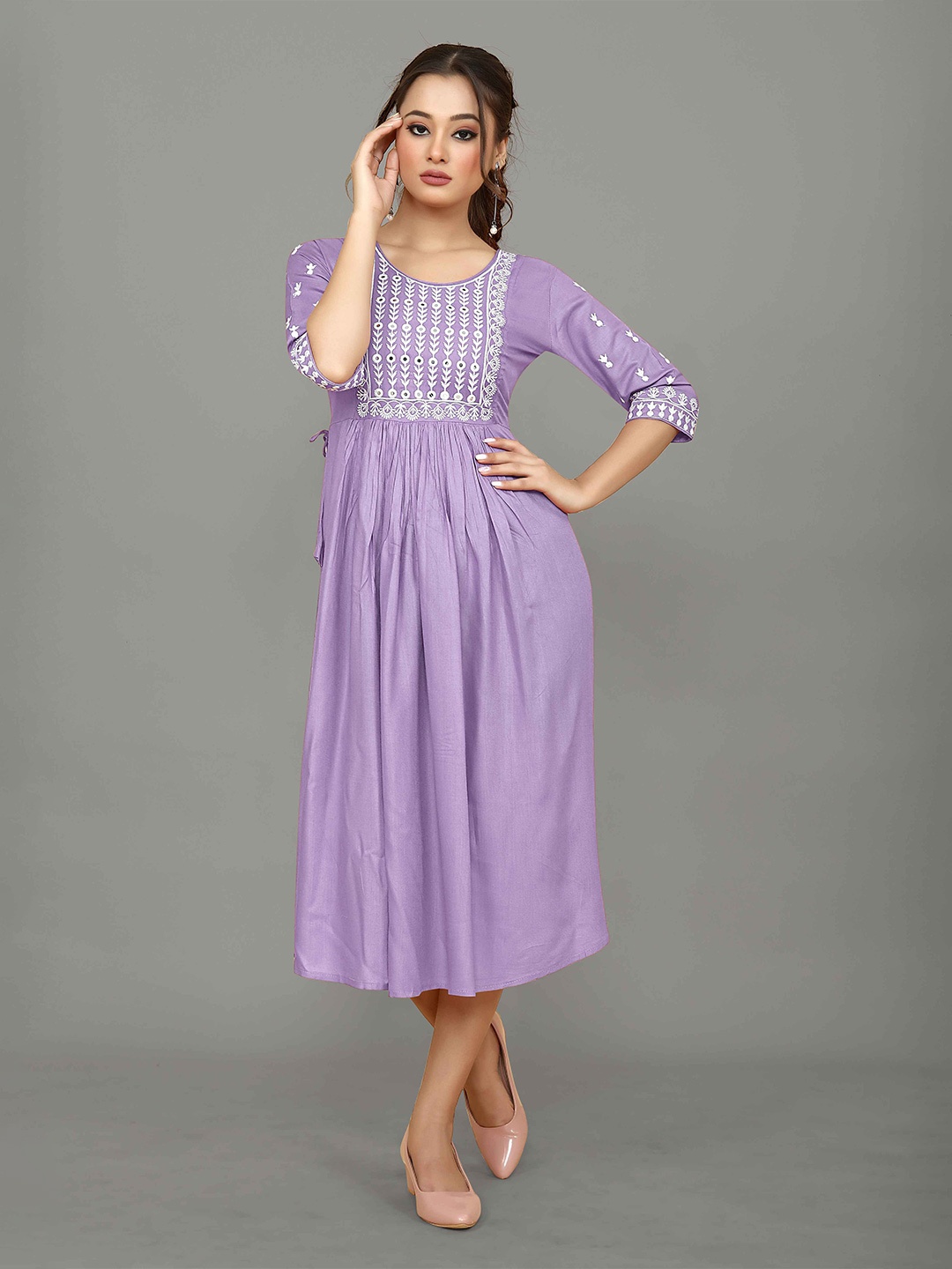 

choiceit Ethnic Motifs Embroidered Round Neck Three Quarter Sleeves Fit & Flare Midi Dress, Lavender