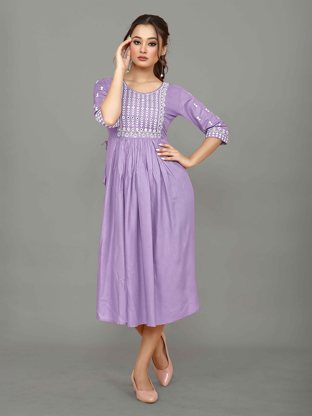 

choiceit Ethnic Motifs Embroidered Round Neck Pure Cotton Thread Work Dress, Lavender