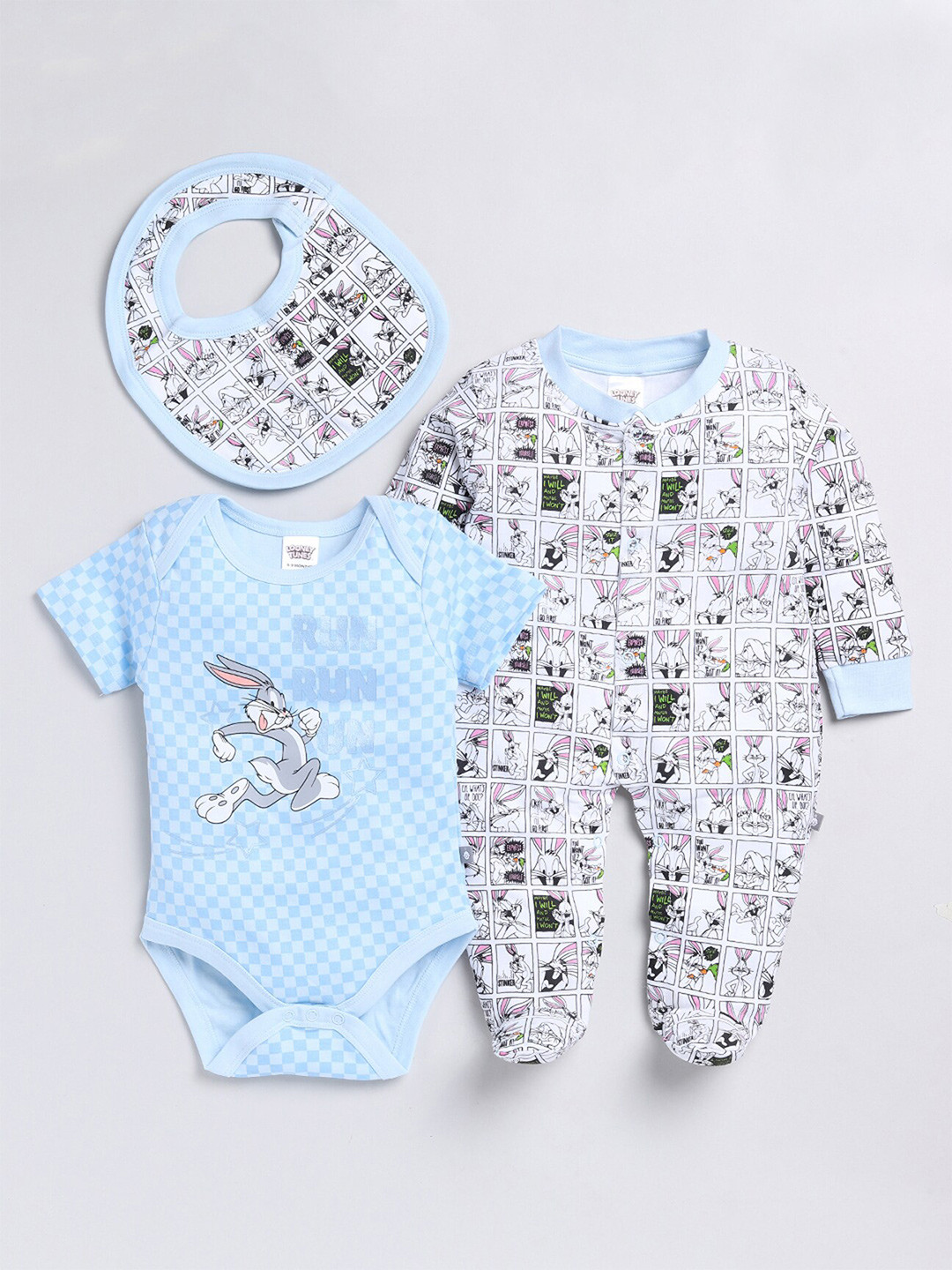 

Moms Love Infants Assorted Pack Of 3 Printed Pure Cotton Bodysuit & Sleepsuit With Bib