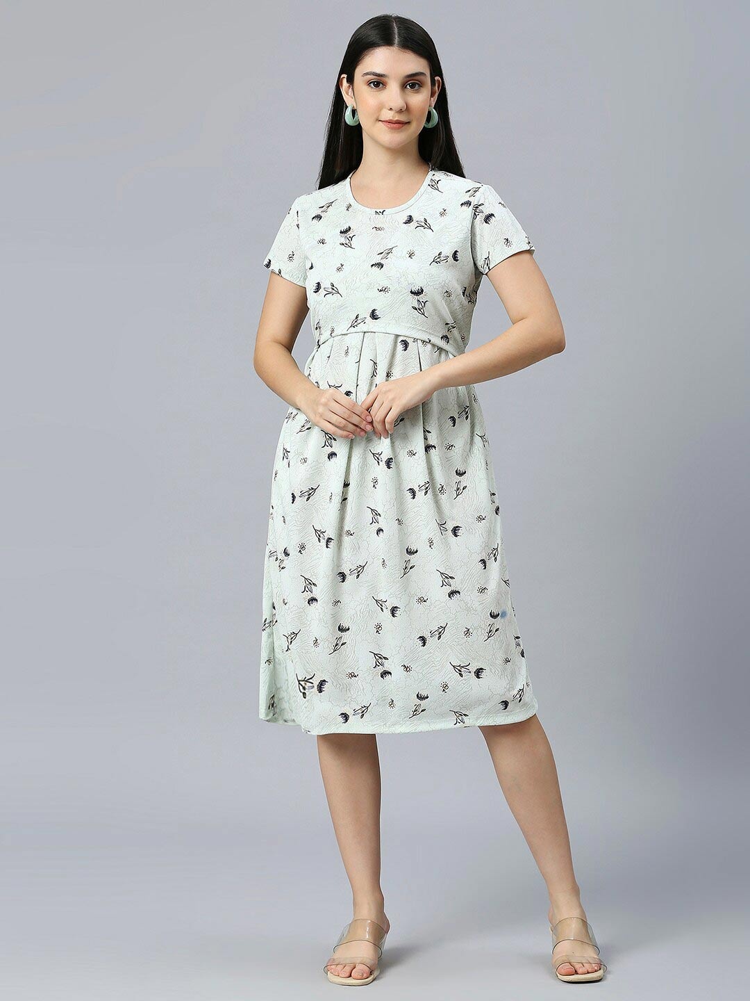 

True Shape Floral Printed Round Neck Cotton A-Line Maternity Dress, Green