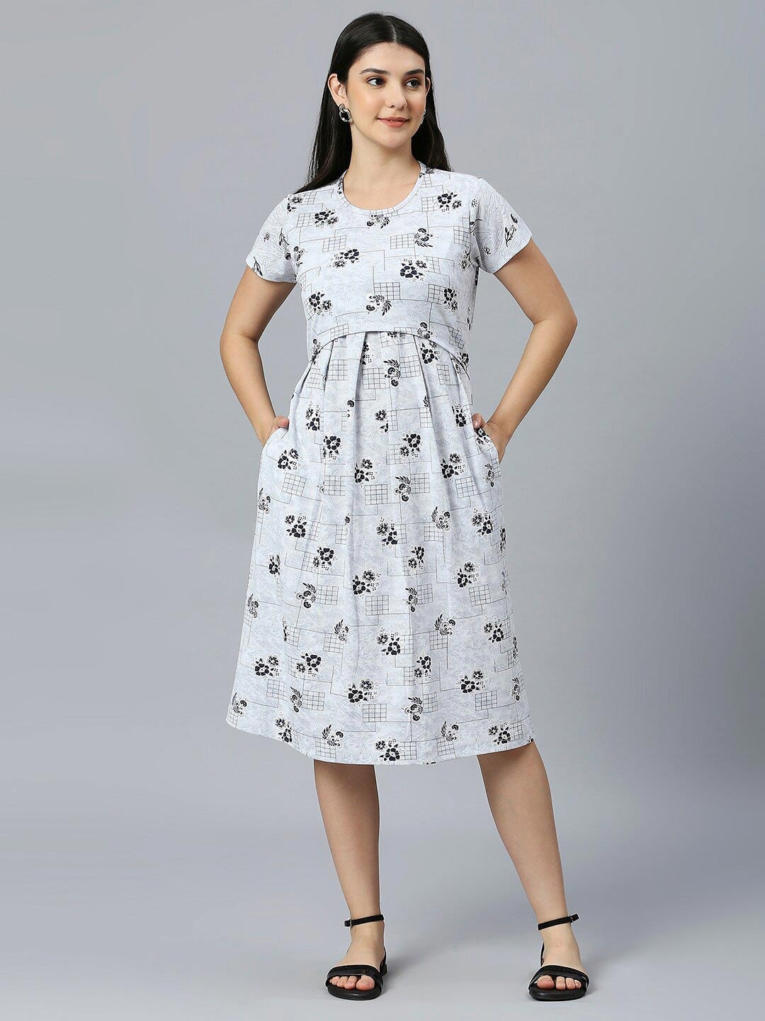 

True Shape Floral Printed Round Neck Cotton A-Line Maternity Dress, Grey