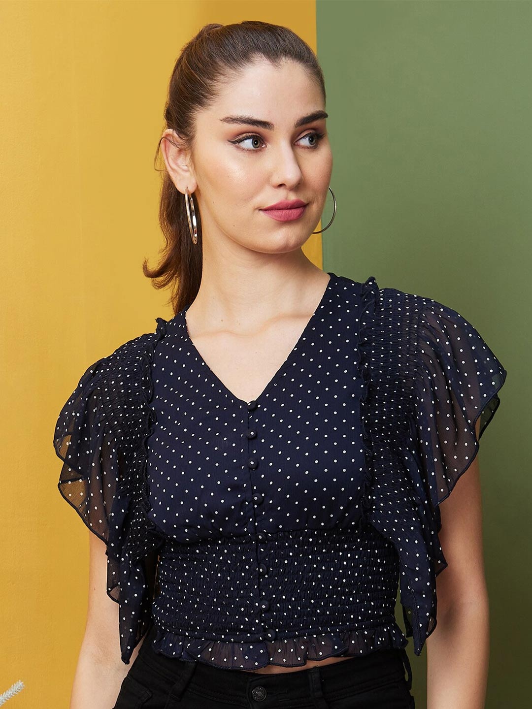 

Globus Polka Dot Printed Flutter Sleeve Georgette Crop Top, Navy blue