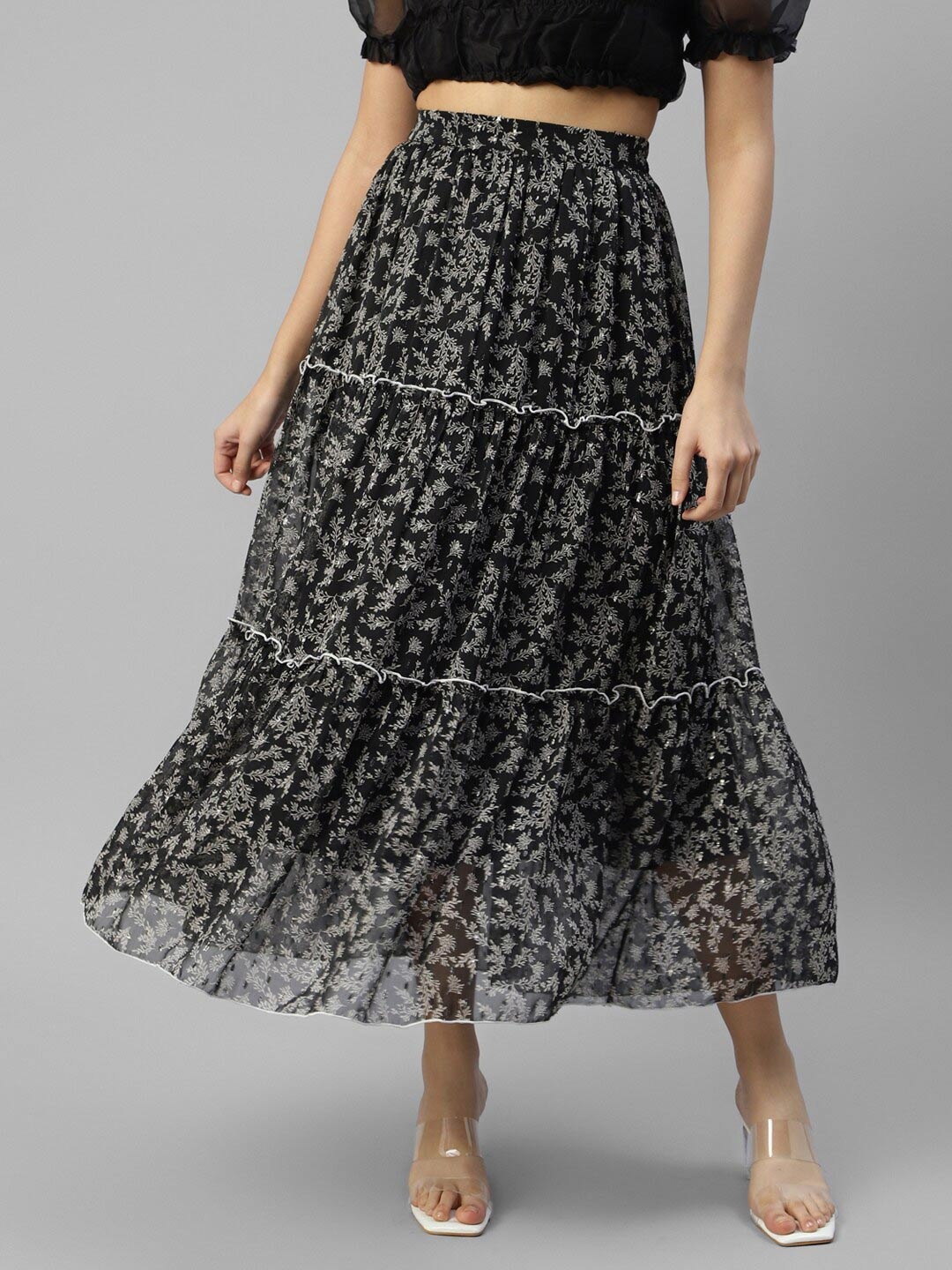 

DEEBACO Floral Printed Chiffon Tiered Maxi Skirts, Black