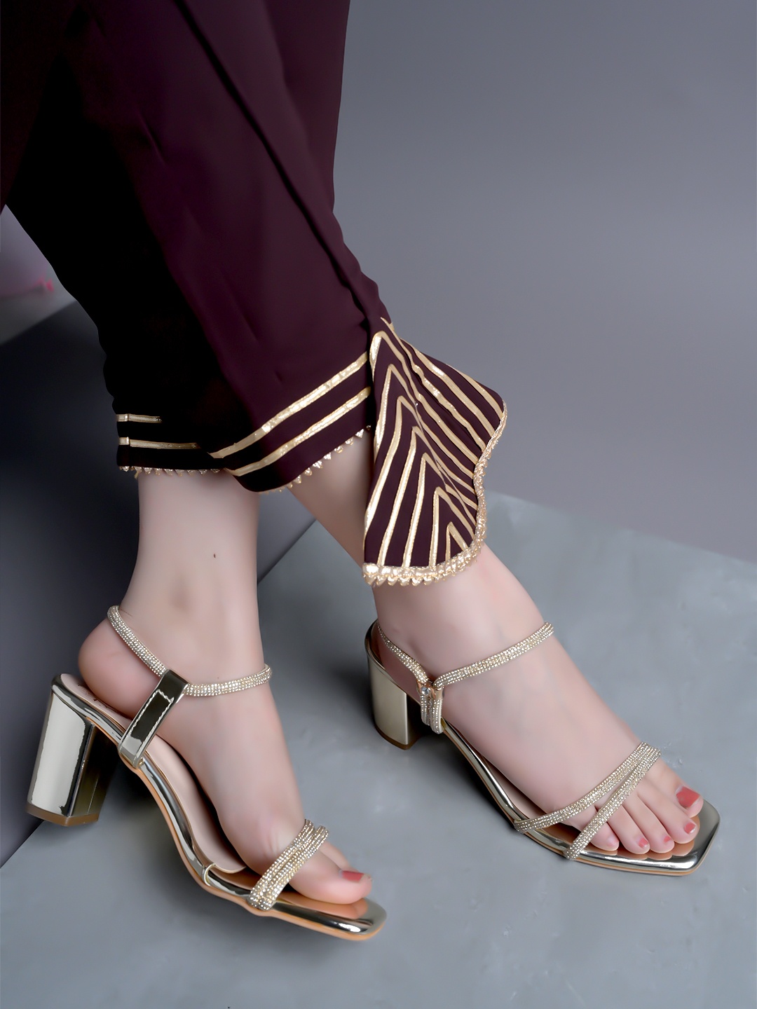 

Shoetopia Embellished Block Heels, Gold