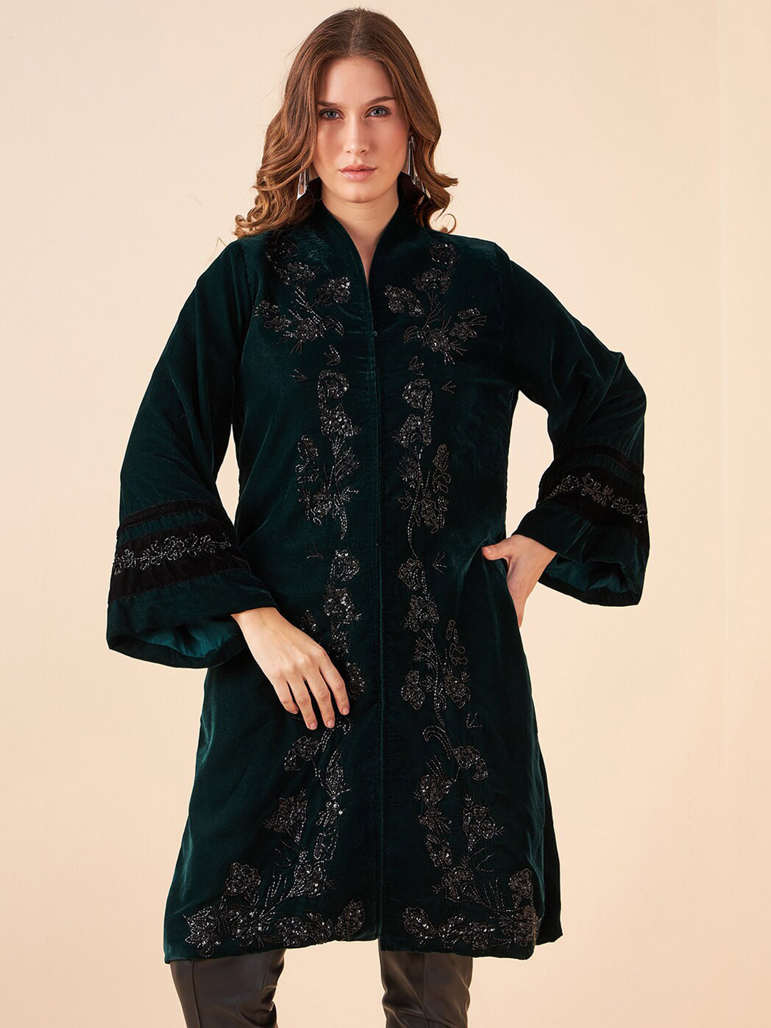 

Antheaa Floral Embroidered Longline Open Front Embroidered Jacket, Green