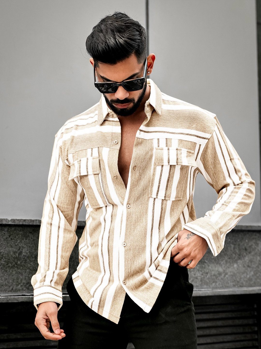 

Maniac Striped Classic Opaque Cotton Casual Shirt, Beige