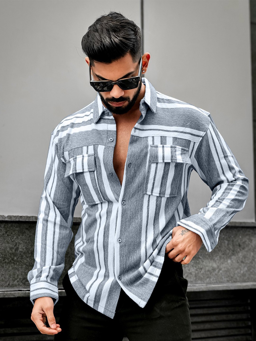 

Maniac Classic Fit Striped Spread Collar Cotton Shirt, Black