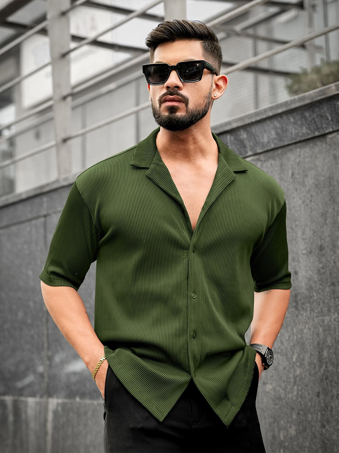 

Maniac Classic Fit Self Design Cuban Collar Cotton Shirt, Olive