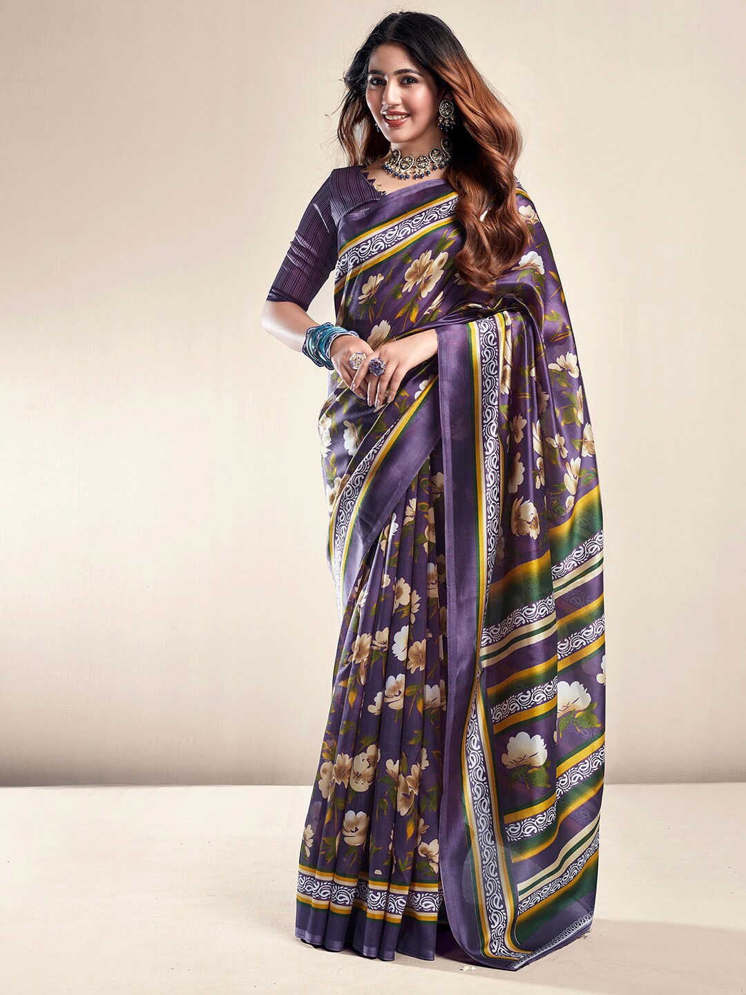 

KALINI Floral Printed Saree, Purple