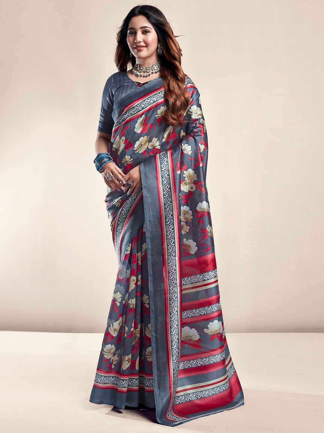 

KALINI Floral Printed Saree, Grey