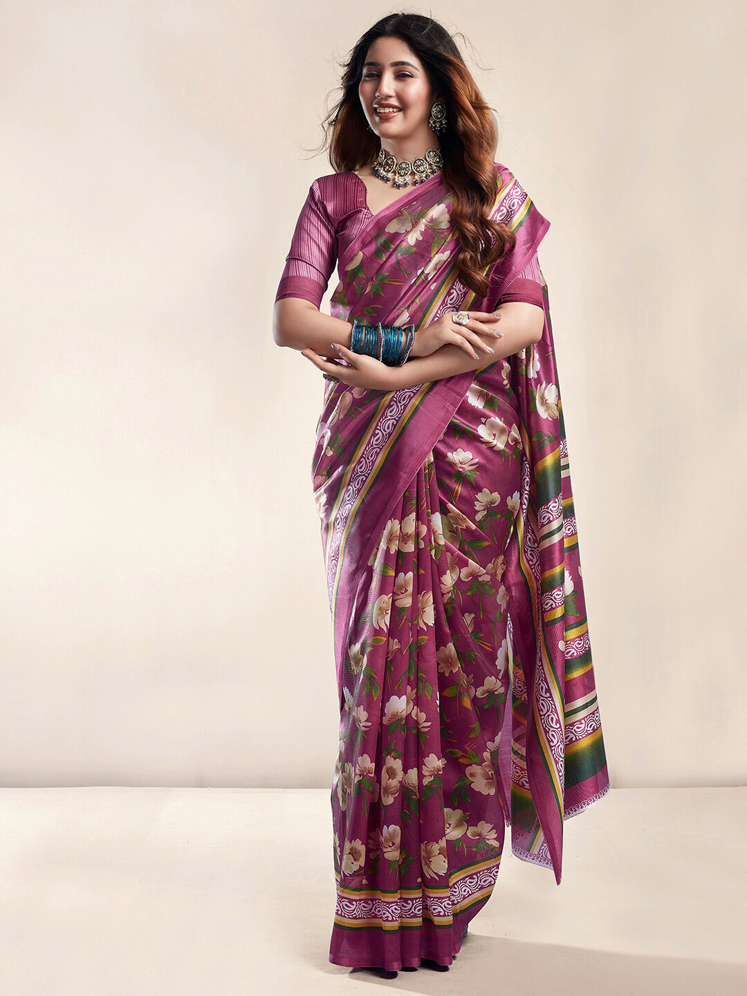 

KALINI Floral Printed Saree, Pink
