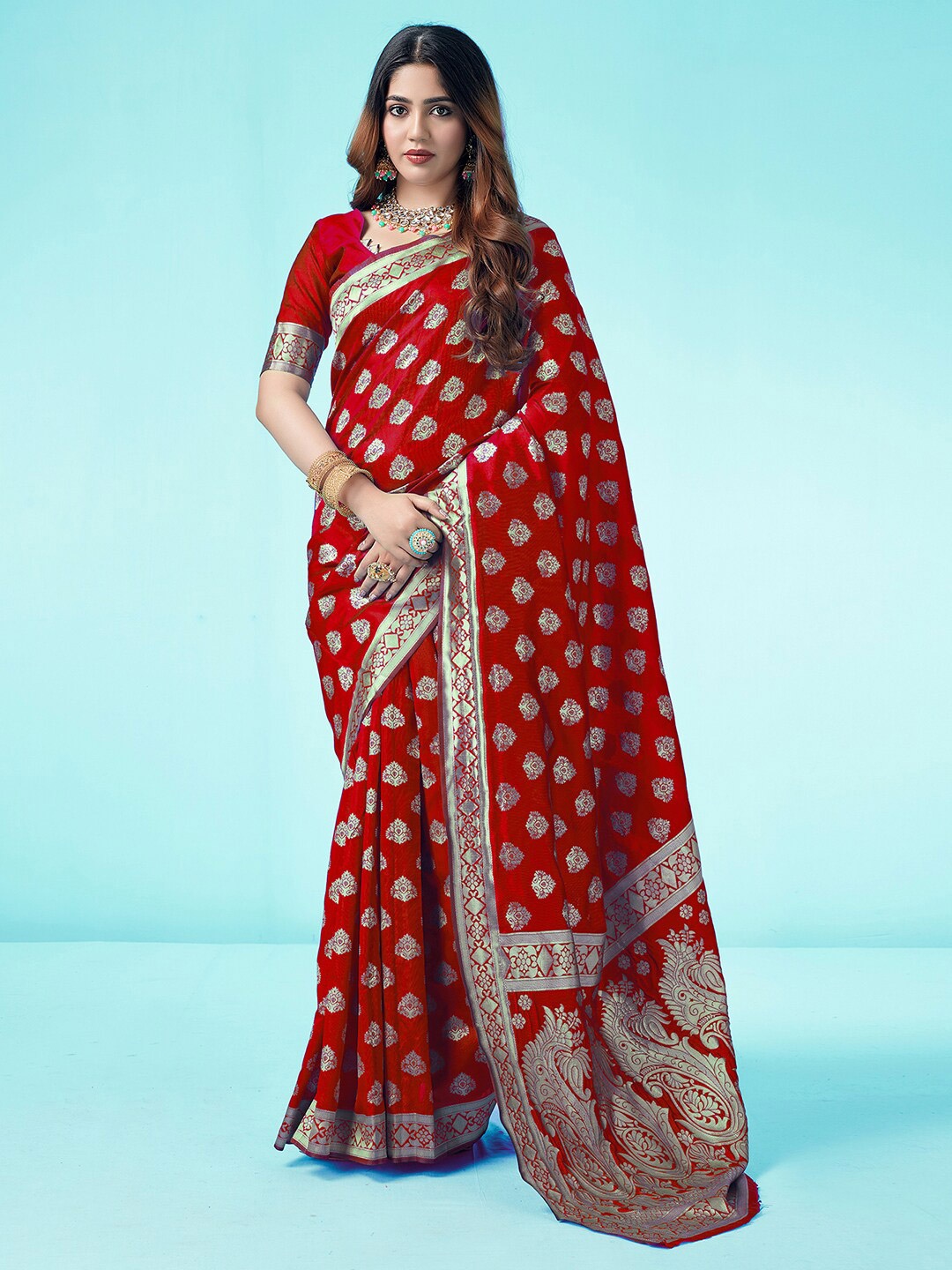 

KALINI Red & Gold-Toned Ethnic Motifs Zari Woven Design Banarasi Jacquard Saree