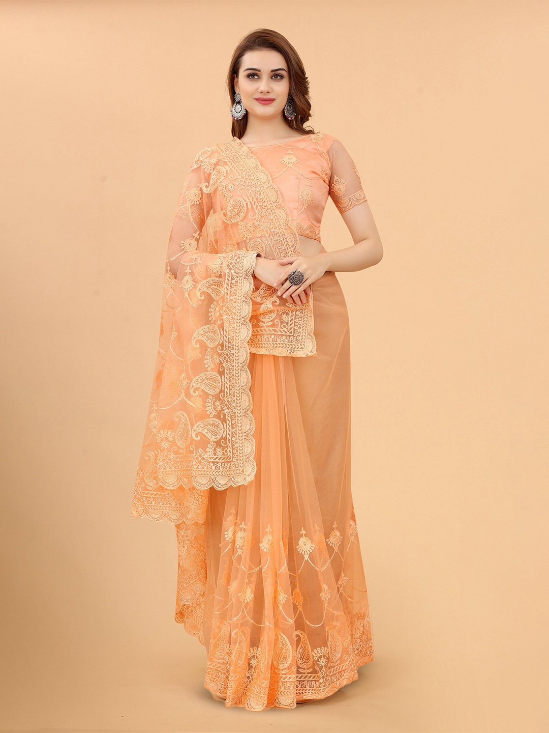 

NOISE Ethnic Motifs Embroidered Beads And Stones Heavy Work Saree, Orange