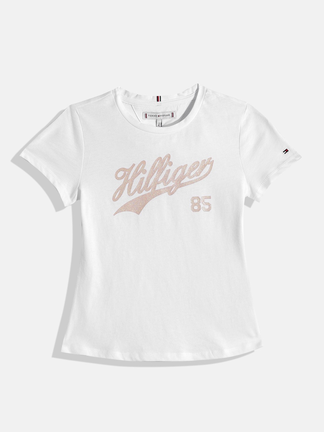 

Tommy Hilfiger Girls Shimmery Brand Logo Printed Slim Fit T-shirt, White