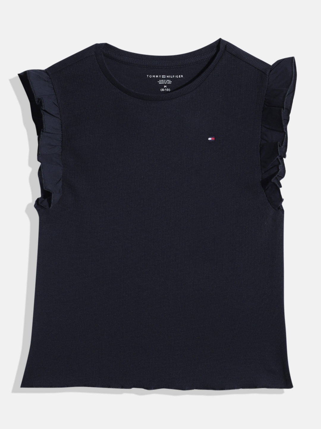 

Tommy Hilfiger Girls Ribbed Flutter Sleeves Round-Neck Top, Navy blue