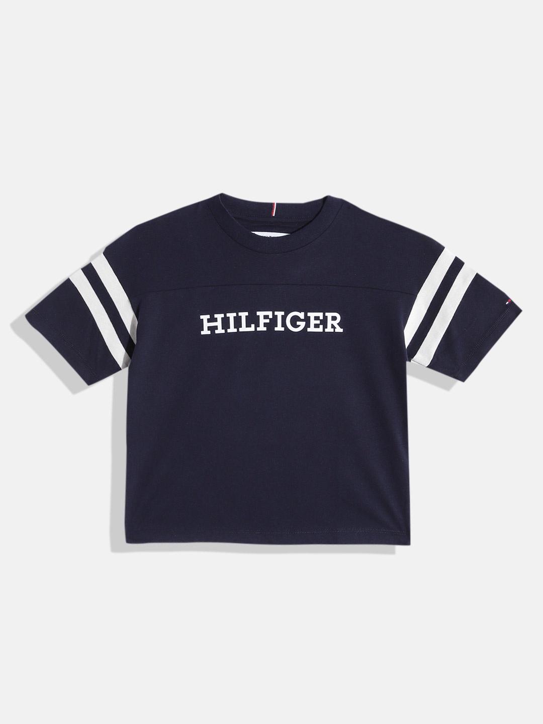 

Tommy Hilfiger Girls Brand Logo Printed Drop-Shoulder Sleeves Pure Cotton T-shirt, Navy blue