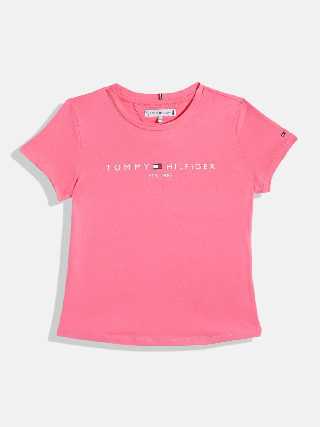 

Tommy Hilfiger Girls Brand Logo Printed Round-Neck Pure Cotton T-shirt, Pink