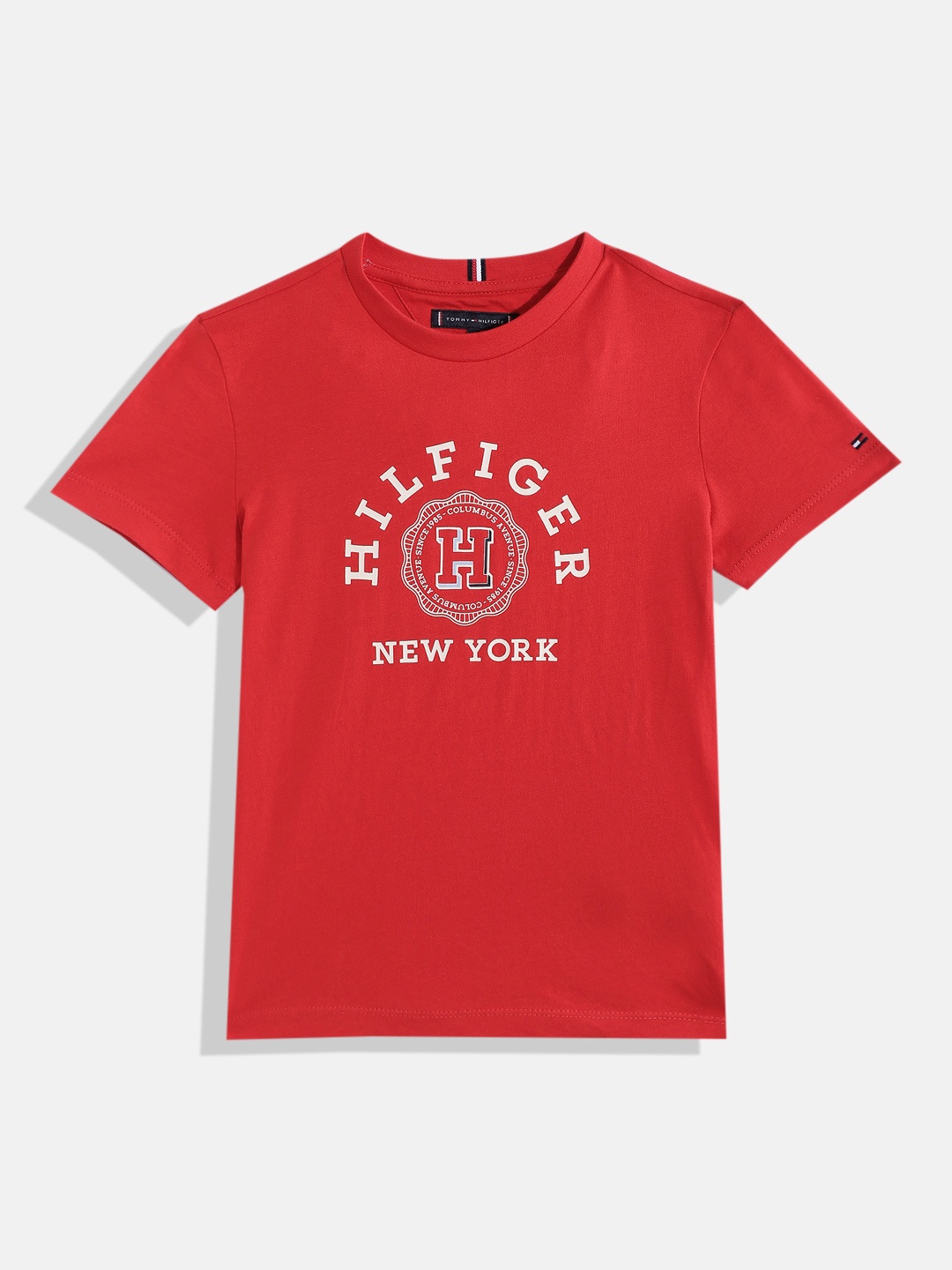 

Tommy Hilfiger Boys Pure Cotton Brand Logo Printed Polo Collar T-shirt, Red