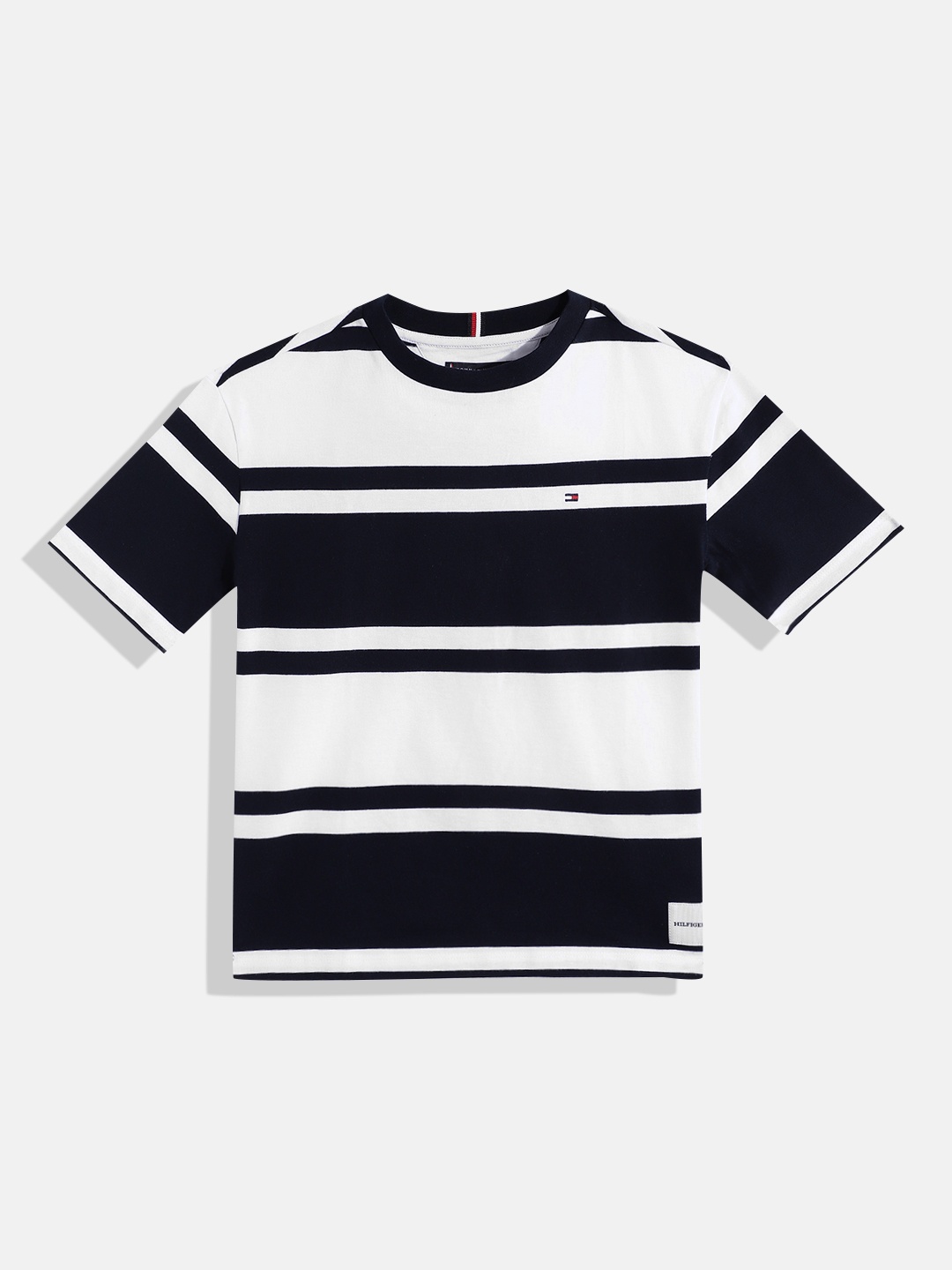

Tommy Hilfiger Boys Horizontally Striped Round-Neck Pure Cotton T-shirt, White