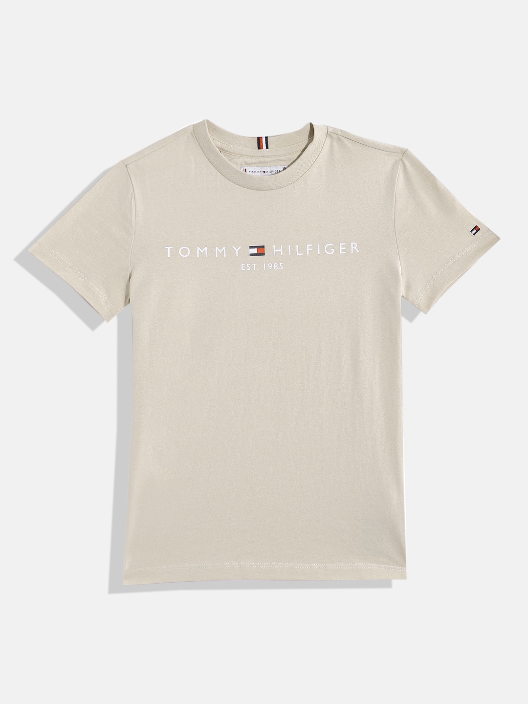 Tommy Hilfiger Boys Brand Logo Printed Round-Neck Pure Cotton T-shirt, Beige