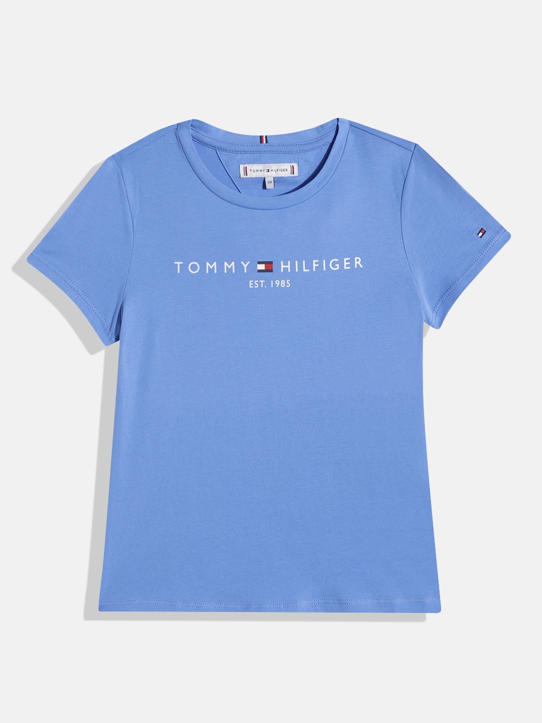 Tommy Hilfiger Girls Brand Logo Printed Pure Cotton T-shirt, Blue