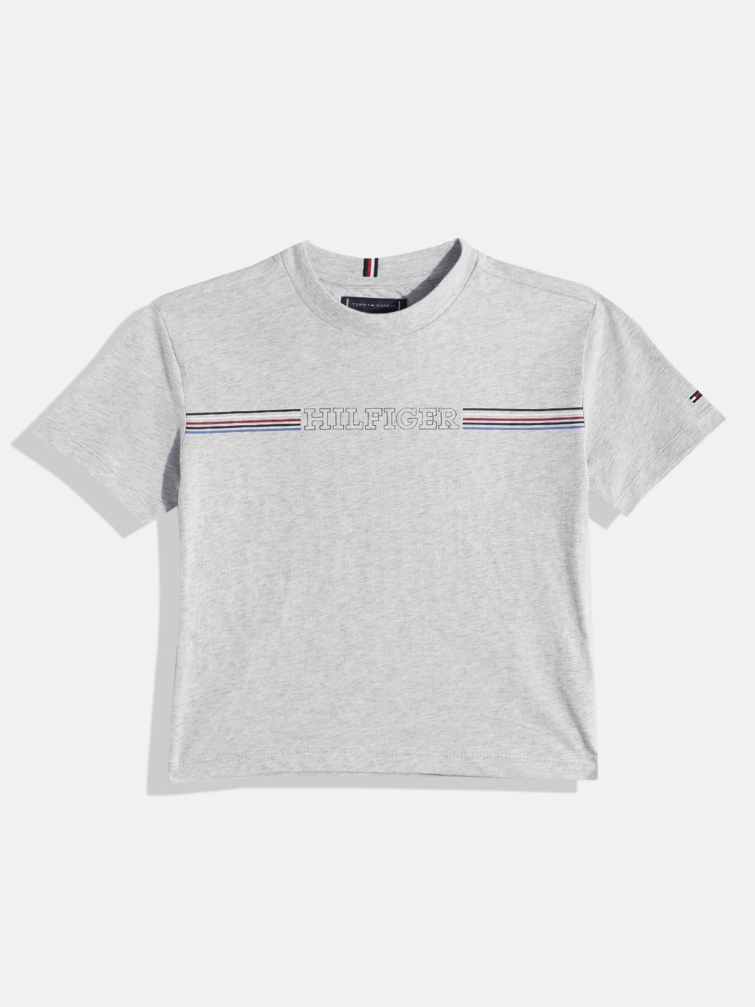 

Tommy Hilfiger Boys Brand Logo Printed Round-Neck Pure Cotton T-shirt, Grey melange