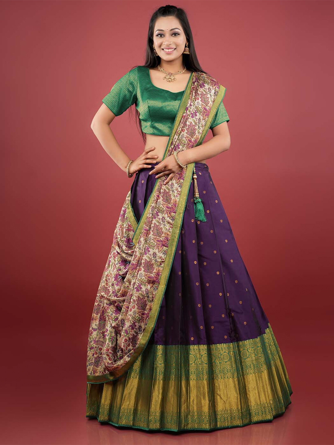 

HALFSAREE STUDIO Woven Design Semi-Stitched Lehenga & Unstitched Blouse With Dupatta, Purple